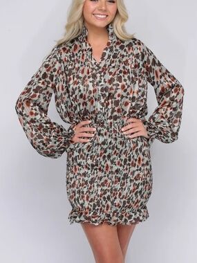 Luxxel Smocked Print Long Sleeve Mini Dress in Sage, Rust, Brown NWT Size Large